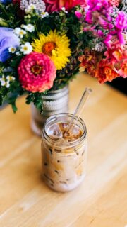 where has salted caramel + lavender been all my life?👀

Lavender Syrup 
• 1 cup water 
• 1 cup sugar 
• 1/4 cup lavender buds
Stir together in saucepan over medium heat until sugar dissolves. Bring to a simmer.
Don’t stir syrup once it’s simmering to avoid crystallization. Dip a pastry brush in water and brush down the sides of saucepan frequently while simmering.
Simmer uncovered 15 min. Remove from heat, cover and steep 15 min. Strain.

Lavender Shaken Espresso
•double shot espresso 
add lavender syrup + pinch salt
Stir and add to jar filled halfway with ice. 
Shake.
Pour into glass with more ice. 
Add oat milk/milk.
Top with caramel sweet cream. 

Salted Caramel Sweet Cream
• heavy cream + splash milk 
• vanilla bean paste 
• pinch salt
• salted caramel sauce 
Add to jar and shake until thick.
